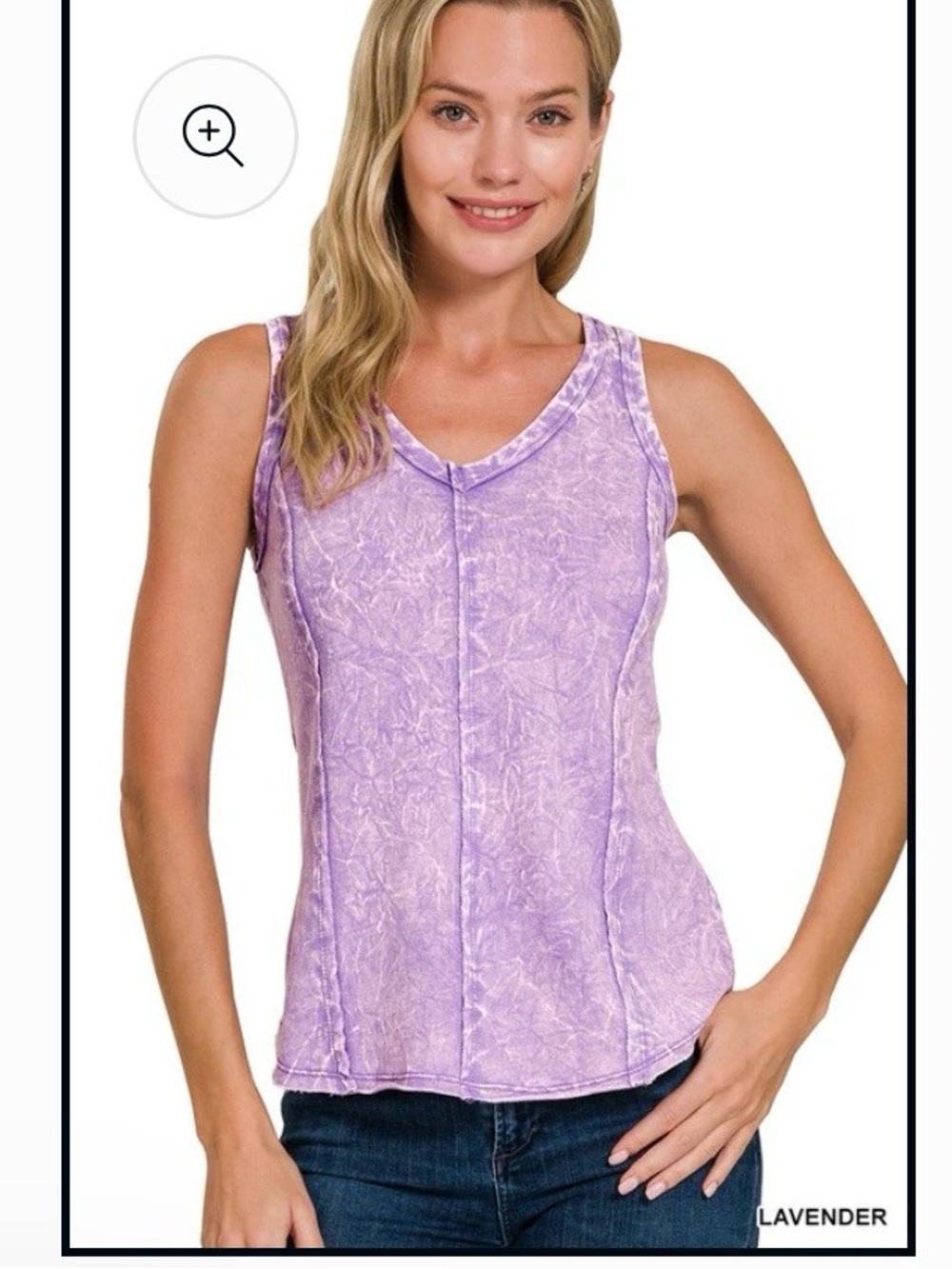 Zenana Outfitters Lavender Textured V-Neck Tank Top; Size L